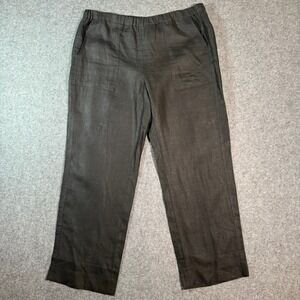 AYR 100% Linen Pants Black Linen Blend Elastic Waist Cropped Wide Leg Women Sz L